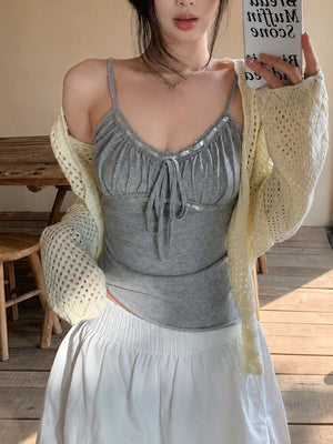 Y2K Ruched Bust Cami Top with lace trim, Y2K tube top styled with low rise bottoms