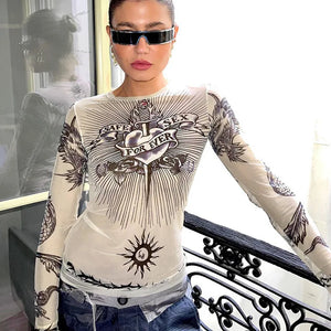 Y2K Sacred Heart Top with printed graphic, Y2K long sleeve top styled with low rise bottoms
