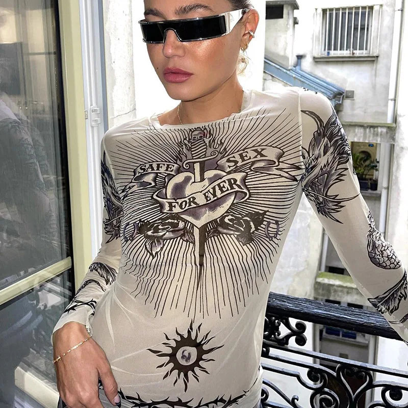 Y2K Sacred Heart Top with printed graphic, Y2K long sleeve top styled with low rise bottoms