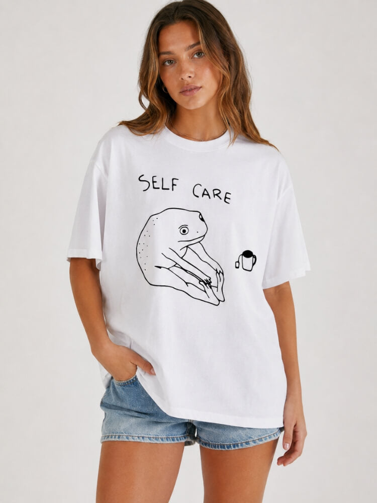 Y2K Self Care Tee with printed graphic, Y2K graphic tee styled with low rise bottoms