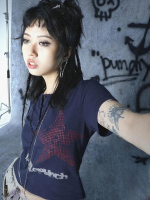 T-shirt Court Boutonné Y2K Grunge Étoile
