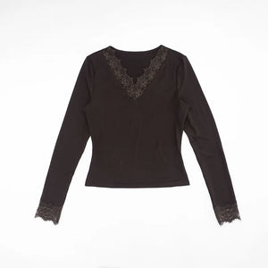 Y2K V Neck Lace Top with lace trim, Y2K long sleeve top styled with low rise bottoms