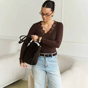 Y2K V Neck Lace Top with lace trim, Y2K long sleeve top styled with low rise bottoms