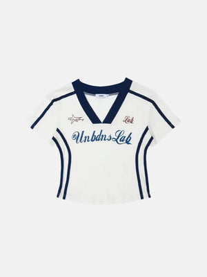 Y2K Varsity Baby Tee with cropped cut, Y2K baby tee styled with low rise bottoms