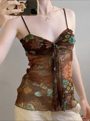 Y2K Vintage Tie Mesh Top with sheer mesh, Y2K tube top styled with low rise bottoms