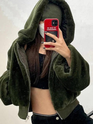Zip Up Hooded Fuzzy Jacket