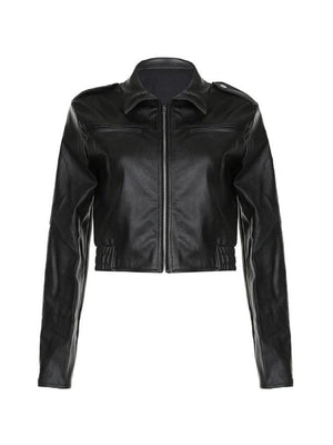 Zip Up Lapel Neck Leather Short Jacket