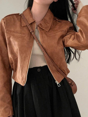 Zip Up Lapel Neck Leather Short Jacket