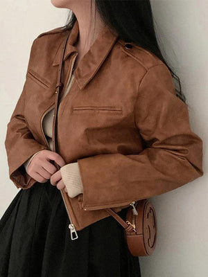 Zip Up Lapel Neck Leather Short Jacket