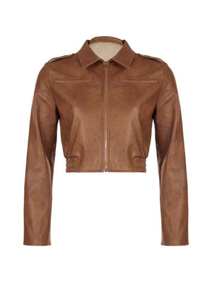 Zip Up Lapel Neck Leather Short Jacket