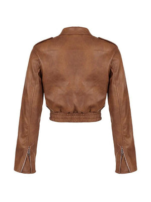 Zip Up Lapel Neck Leather Short Jacket