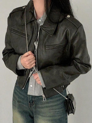 Zip Up Lapel Neck Leather Short Jacket