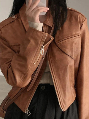 Zip Up Lapel Neck Leather Short Jacket