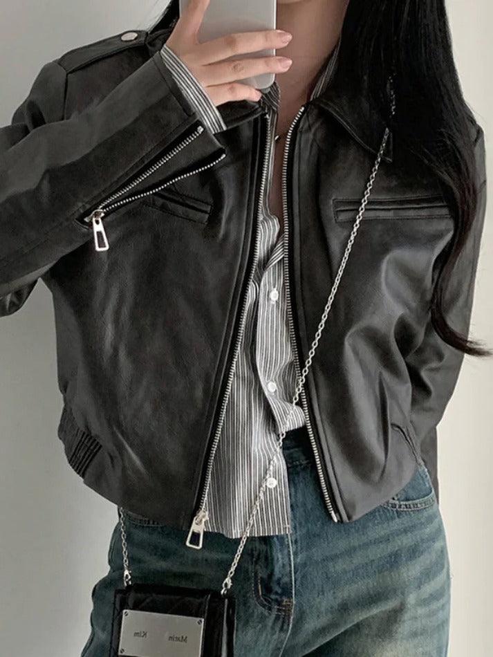 Zip Up Lapel Neck Leather Short Jacket