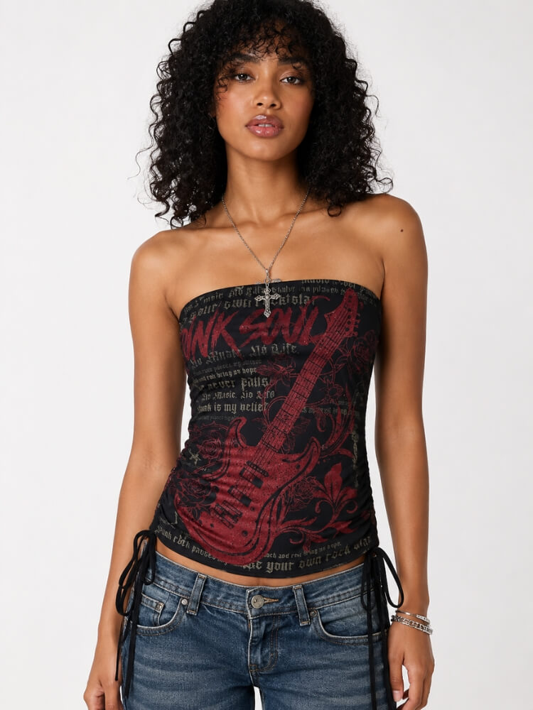 Y2K Goth Tube Top with printed graphic, Y2K tube top styled with low rise bottoms