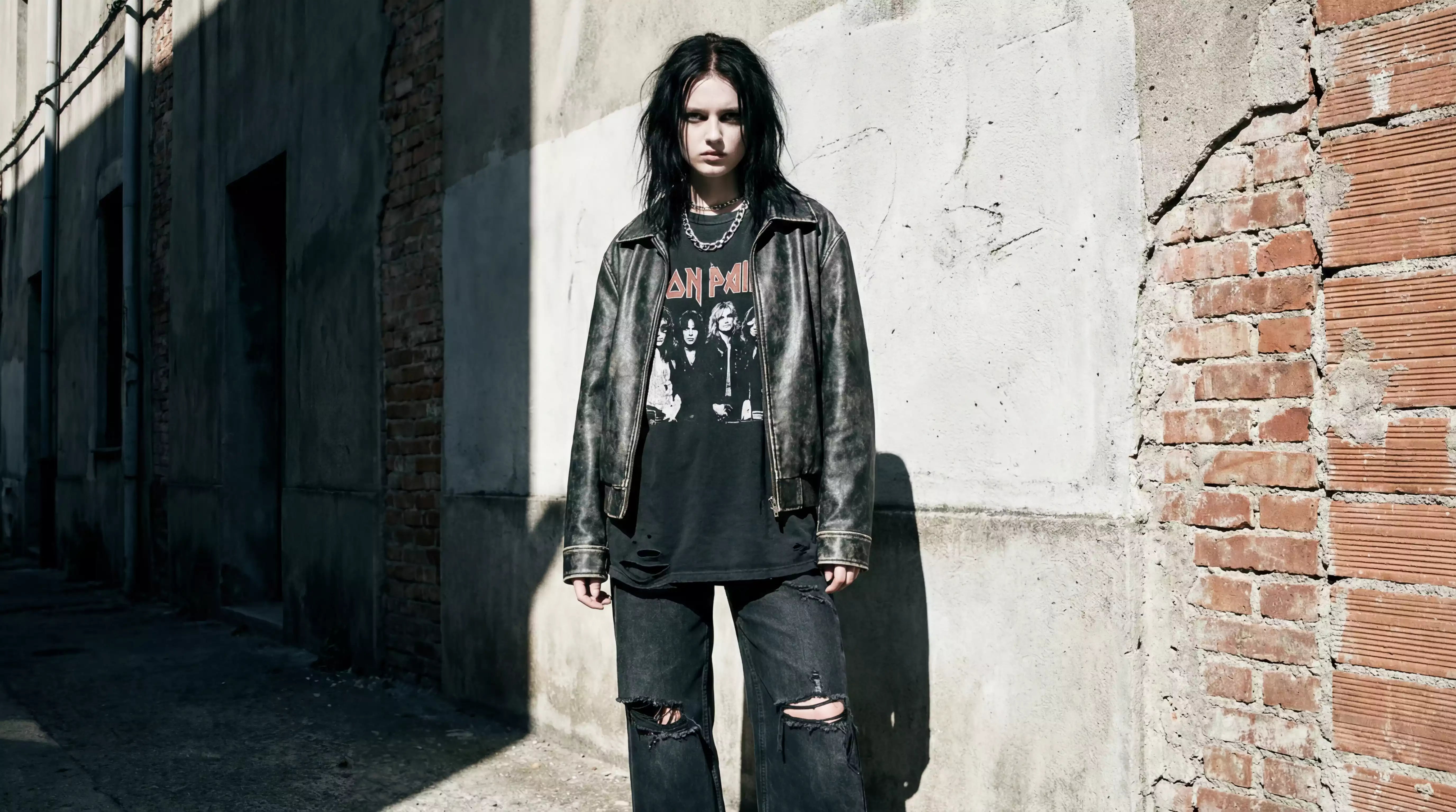 Young woman in a grunge aesthetic outfit — distressed leather jacket, ripped wide-leg black jeans and band tee — leaning against a raw concrete wall