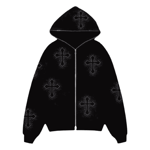 Zip-Up Hoodie with Rhinestone Crosses - Y2K Streetwear – MAUVSTUDIO® Zip-Up Hoodie with Rhinestone Crosses - Y2K Streetwear – MAUVSTUDIO®