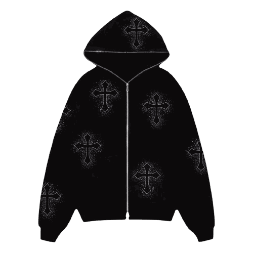 Zip-Up Hoodie with Rhinestone Crosses