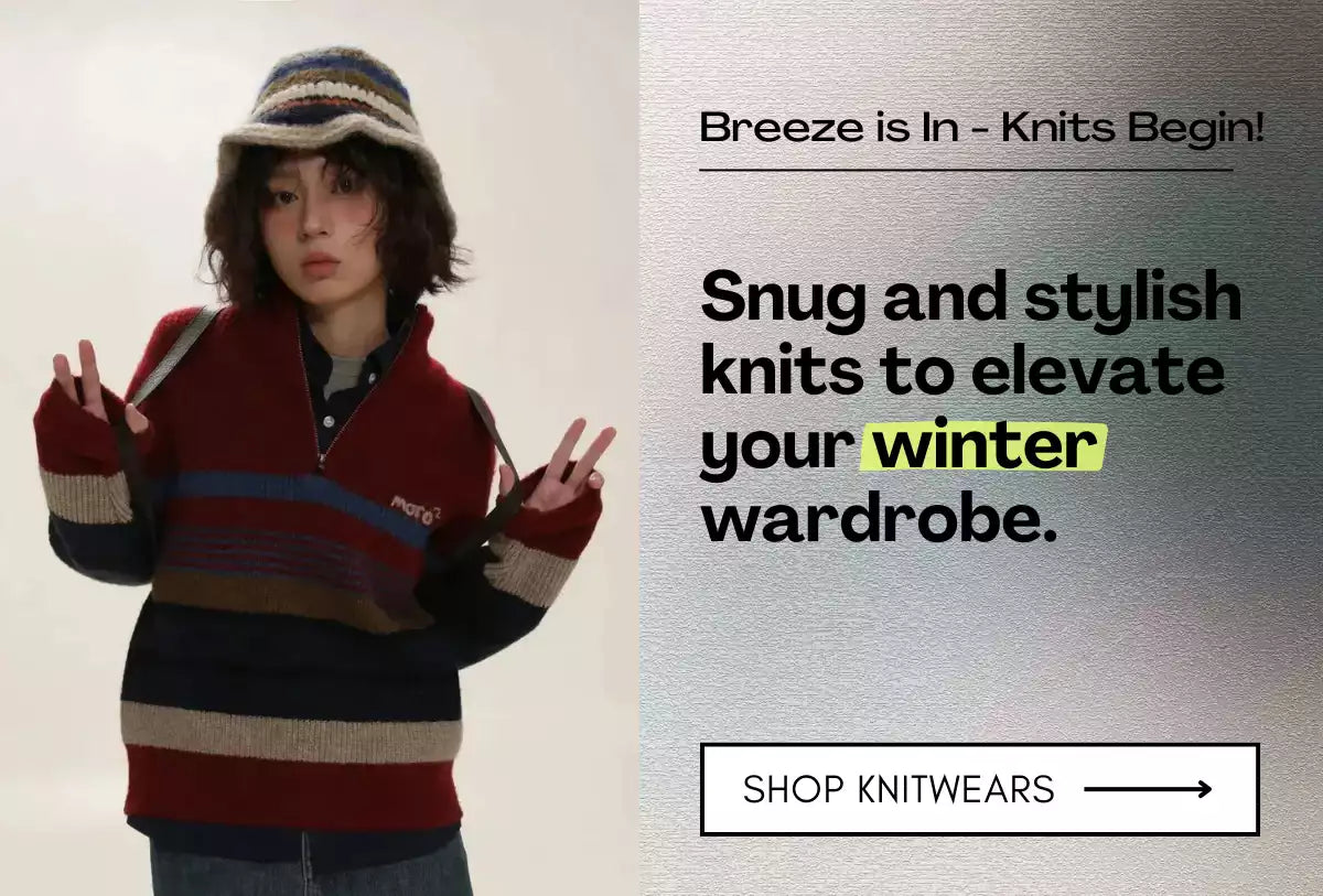 Young woman in a vintage-inspired striped knit sweater and bucket hat, striking a casual pose. Text overlay promotes cozy and stylish knitwear for winter fashion. Mauv Studio’s take on trendy cold-weather essentials.