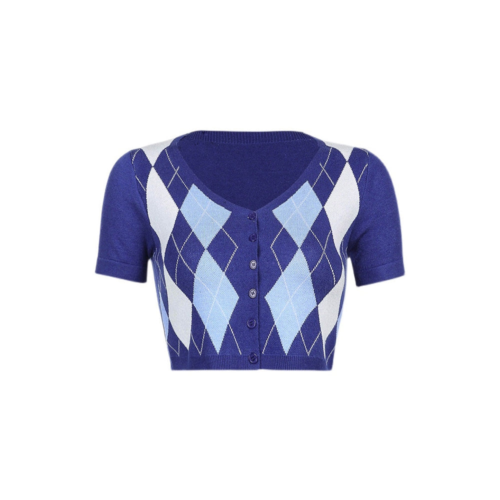 Argyle Pattern Knit Top-Tops-MAUV STUDIO-STREETWEAR-Y2K-CLOTHING