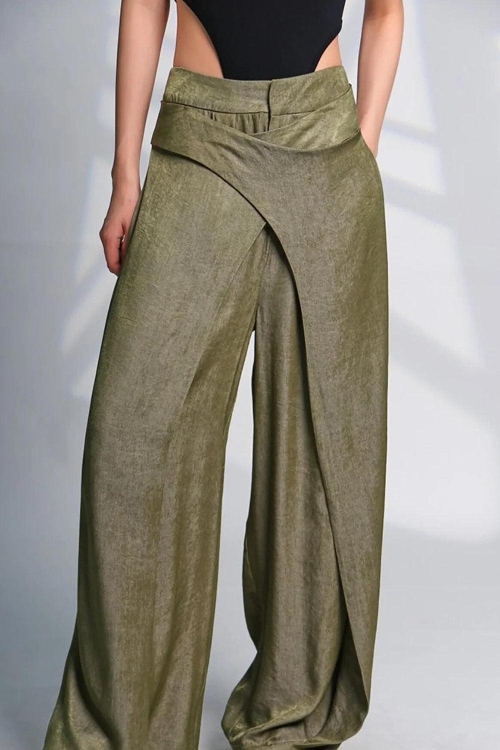 Asymmetrical Design Wide Leg Pants-Army Green-S-Mauv Studio