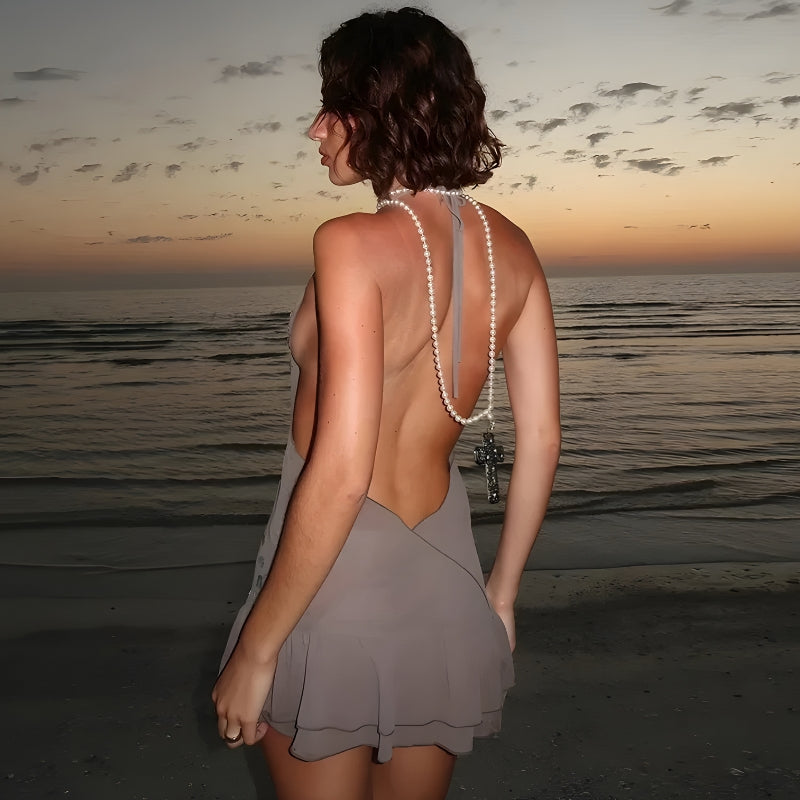 Backless Button Mini Dress view 2 | MAUVSTUDIO®