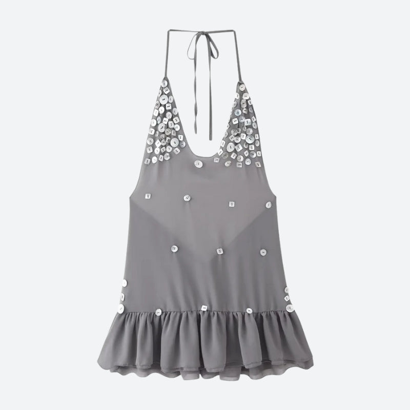 Backless Button Mini Dress view 3 | MAUVSTUDIO®