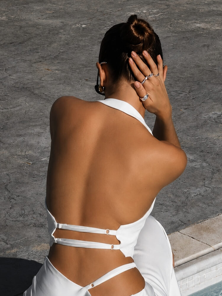 Backless Halter Vest with open back, Y2K halter top styled with low rise bottoms