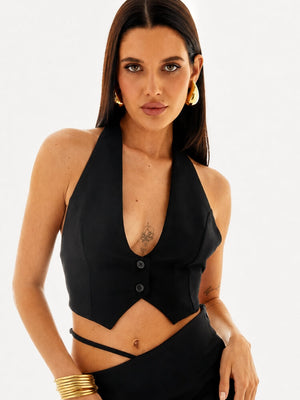 Backless Halter Vest with open back, Y2K halter top styled with low rise bottoms