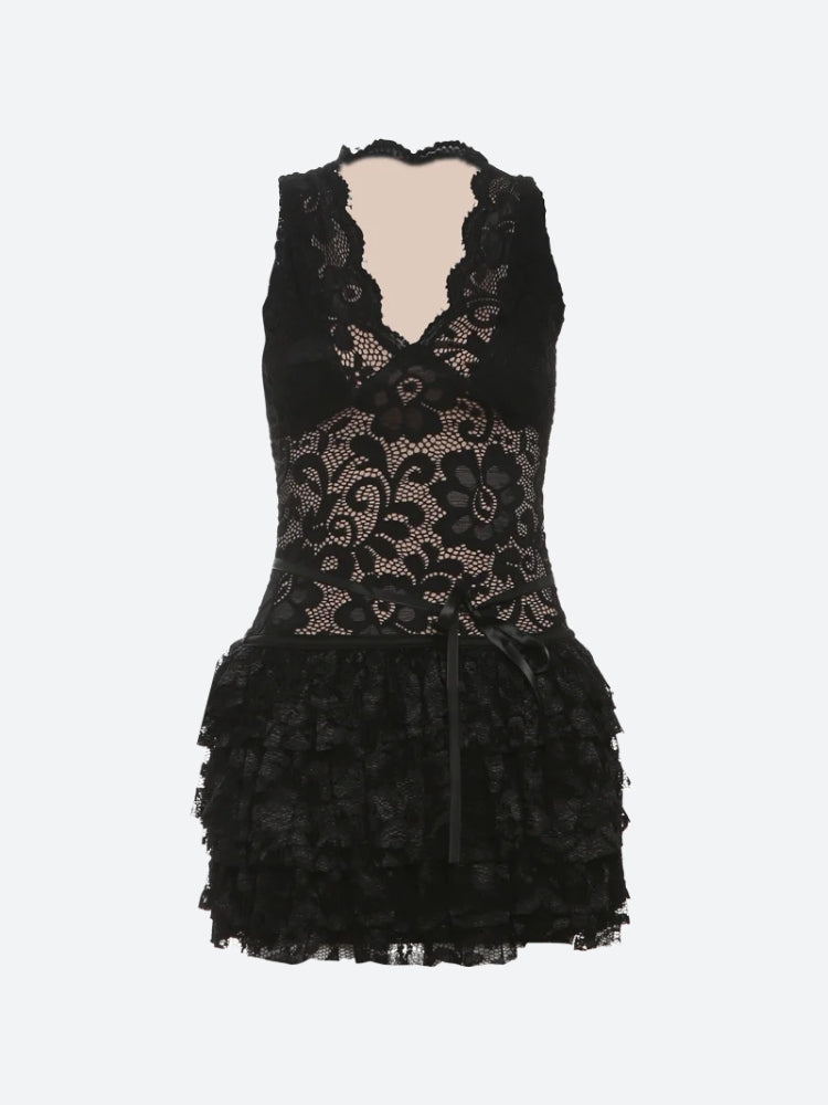 Baddie Lace Ruffled Mini Dress view 4 | MAUVSTUDIO®