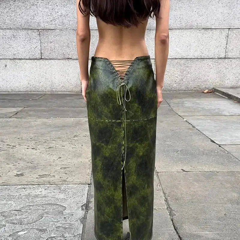 Baddie Leaf Lace Up Split Maxi Skirt-Mauv Studio