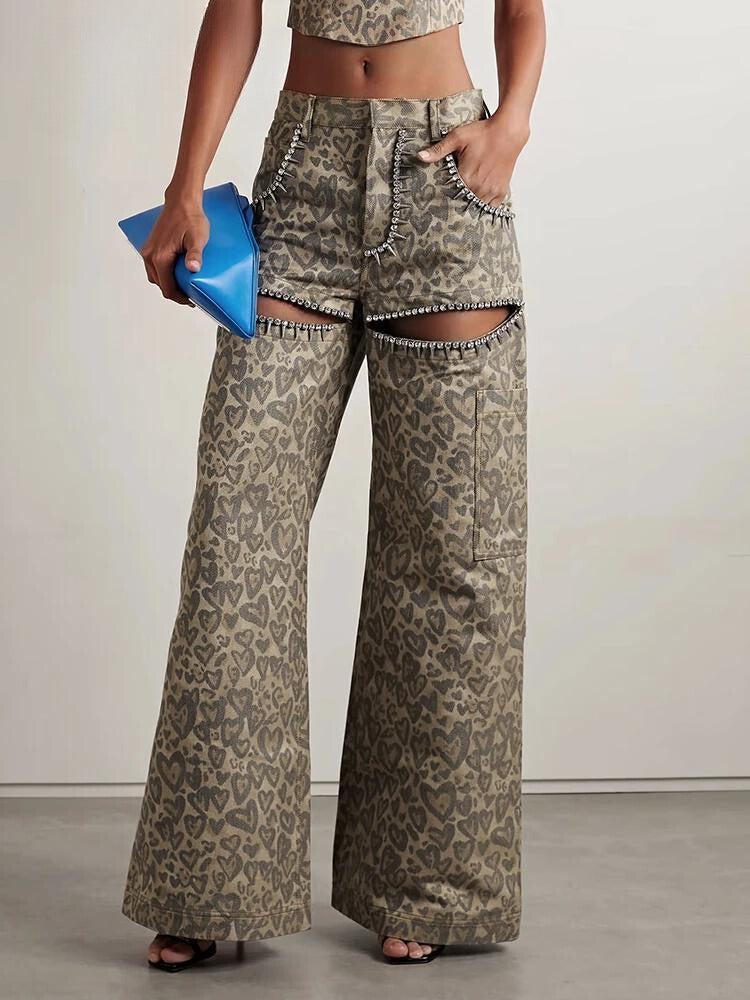 Baddie Leopard Embellished Cut Out Pants-Brown-S-Mauv Studio