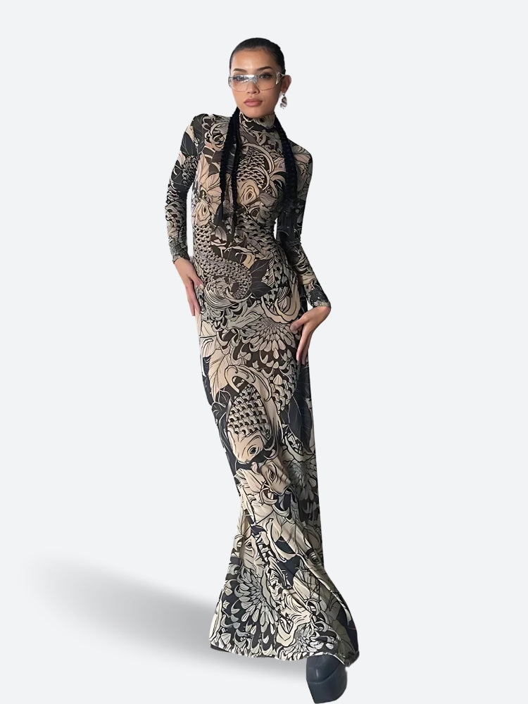 baddie maxi dress Trendy Mesh Long Sleeve Baddie Maxi Dress