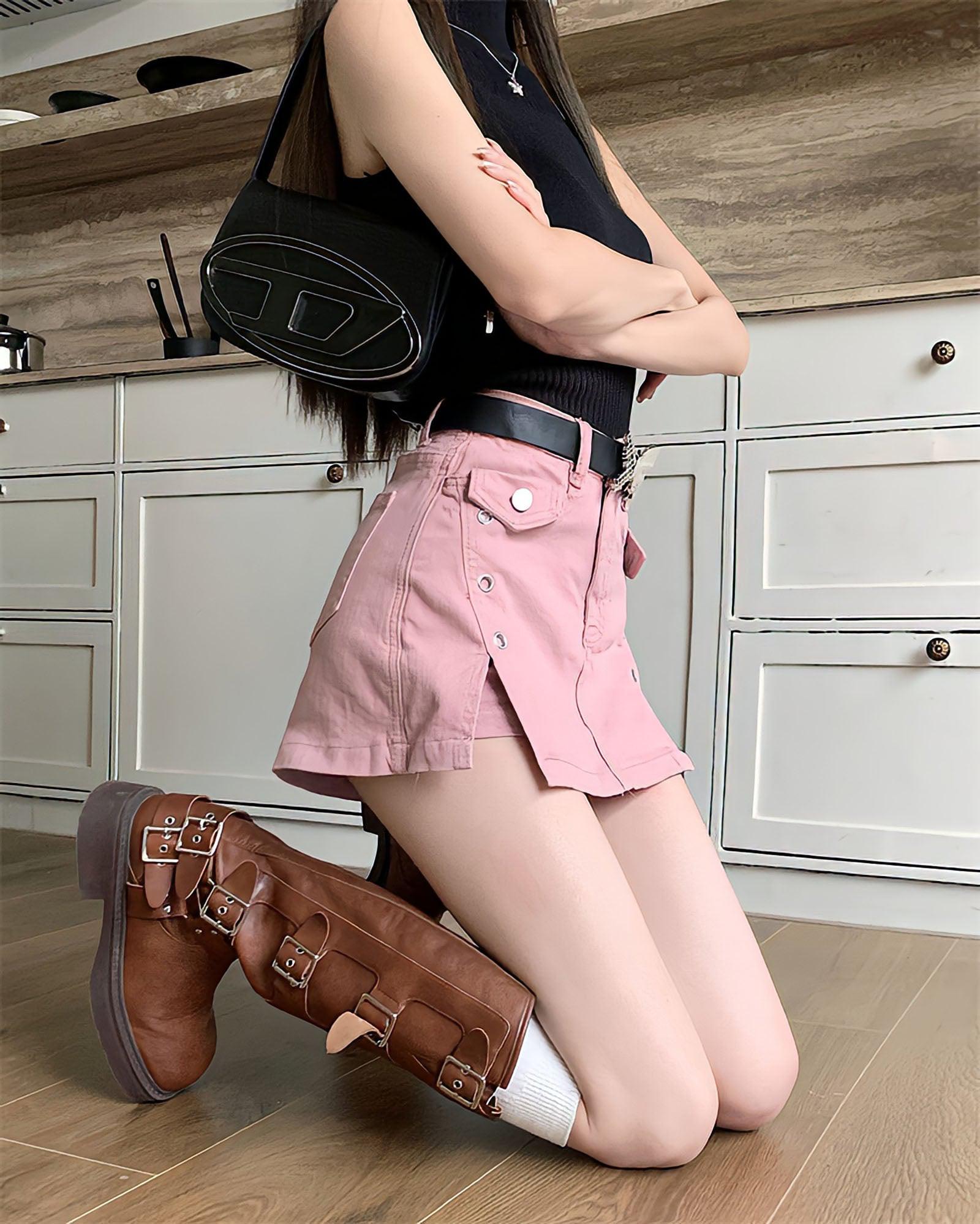 Barbie Side Slit Denim Mini Skort-Mauv Studio