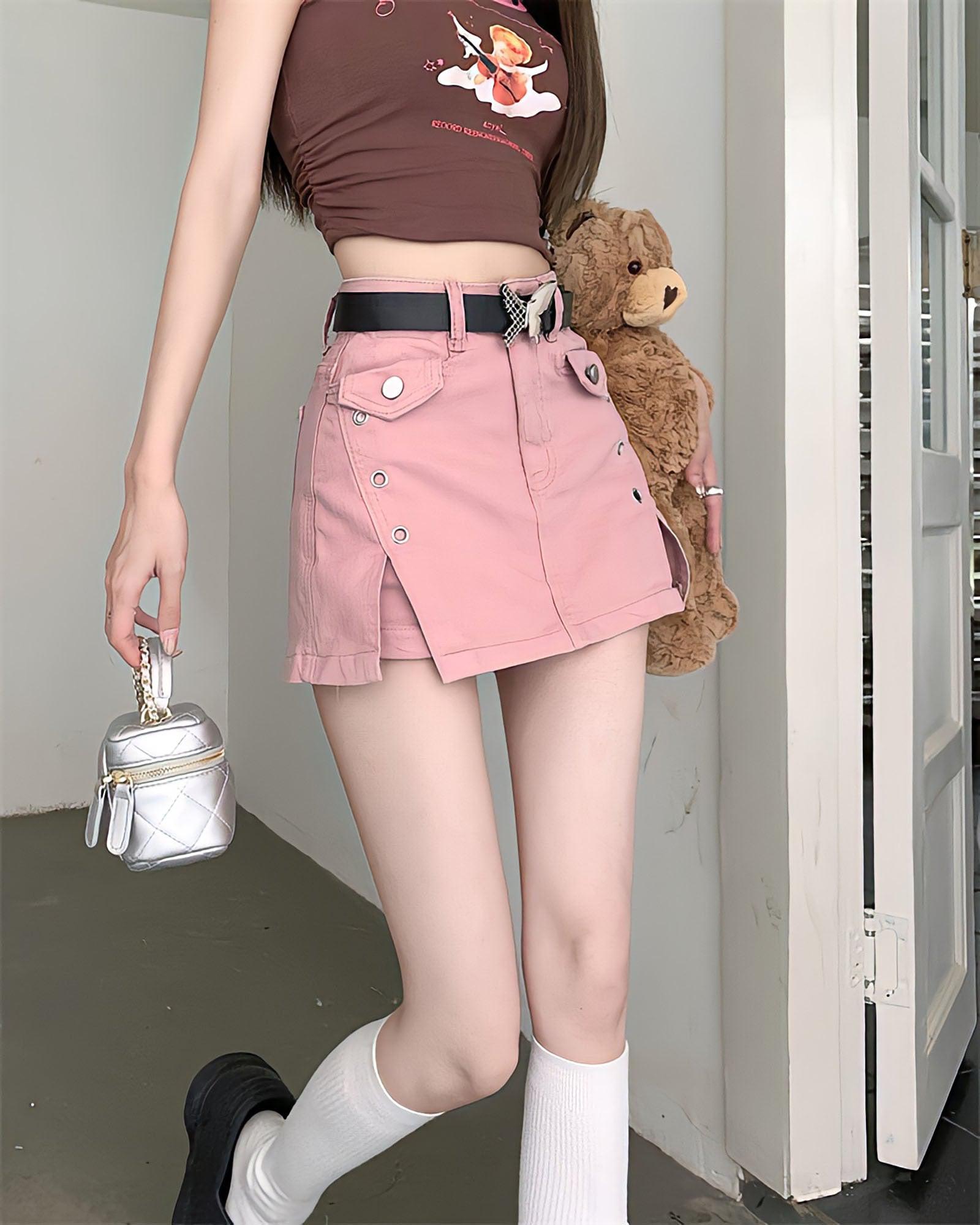 Barbie Side Slit Denim Mini Skort-Mauv Studio