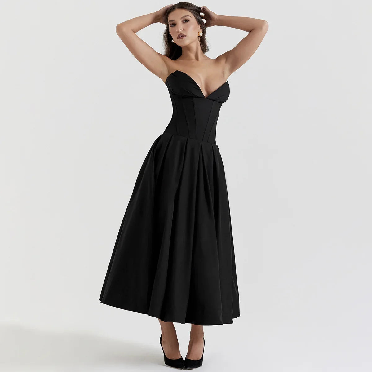 Black Plunge Corset Midi Dress view 2 | MAUVSTUDIO®