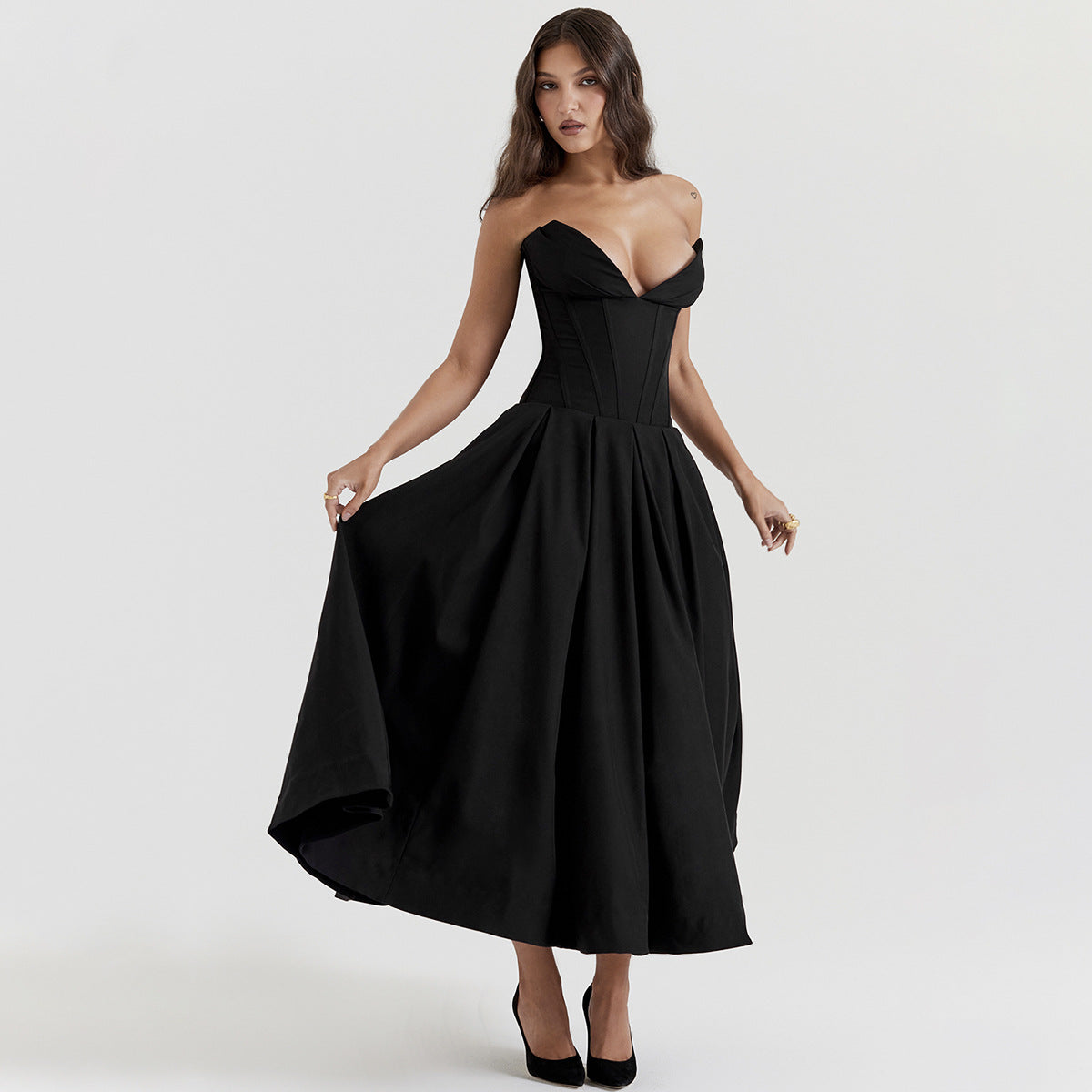 Black Plunge Corset Midi Dress view 3 | MAUVSTUDIO®