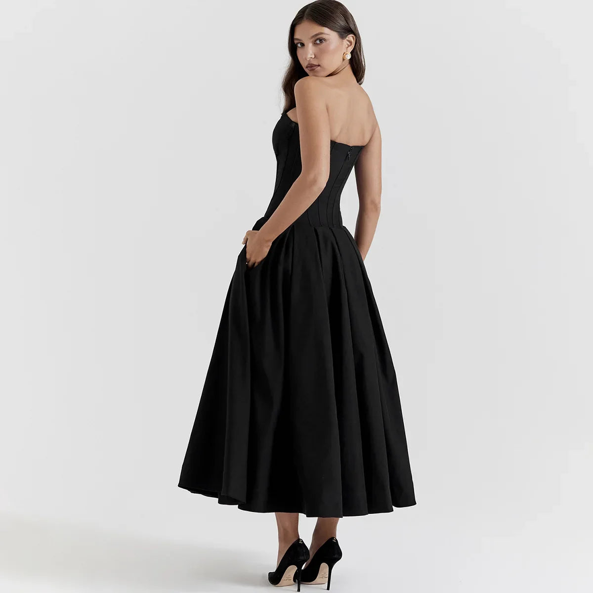 Black Plunge Corset Midi Dress view 4 | MAUVSTUDIO®