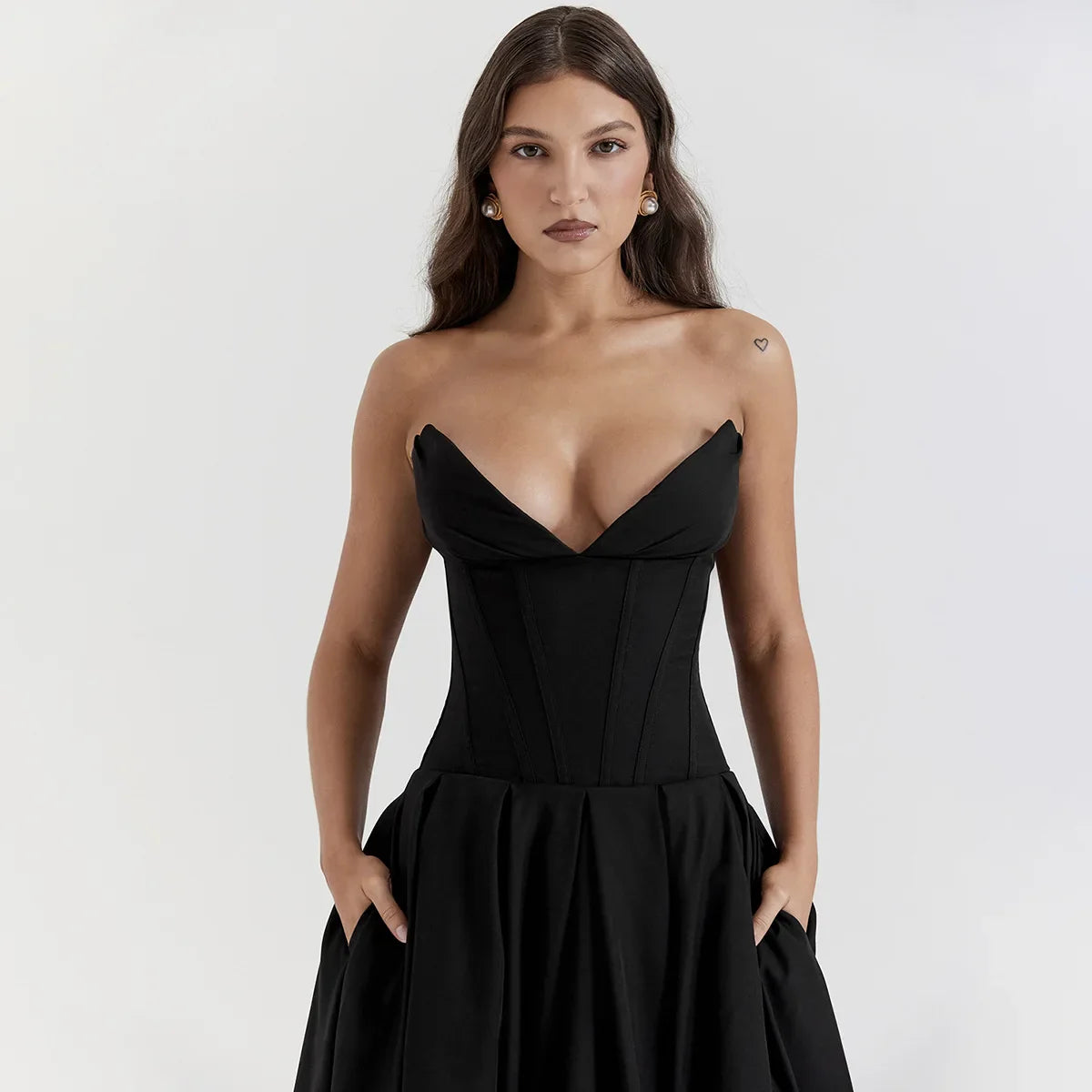 Black Plunge Corset Midi Dress view 5 | MAUVSTUDIO®
