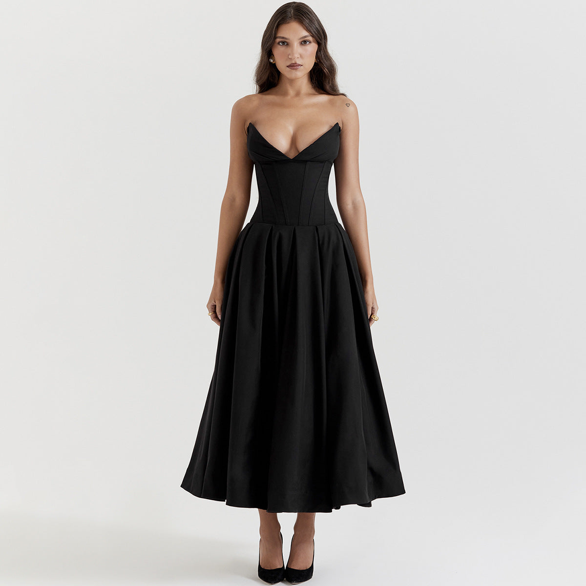Black Plunge Corset Midi Dress view 13 | MAUVSTUDIO®
