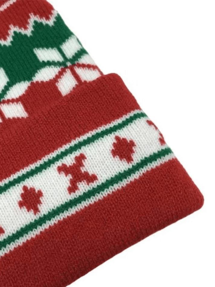 Bonnet de Noël tricoté à pompons en jacquard-Hats-MAUV STUDIO-STREETWEAR-Y2K-CLOTHING