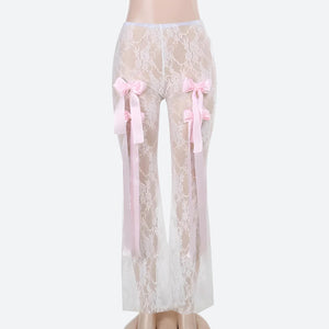 Bow Transparent Lace Flare Pants-Mauv Studio