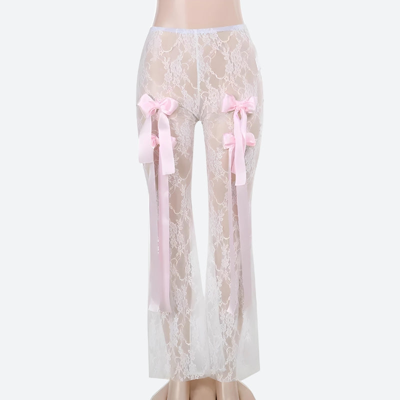 Bow Transparent Lace Flare Pants-Mauv Studio