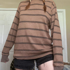 Brown Striped Longsleeve Top-T-Shirts-MAUV STUDIO-STREETWEAR-Y2K-CLOTHING