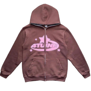 Brown full zip hoodie-MAUV STUDIO-STREETWEAR-Y2K-CLOTHING