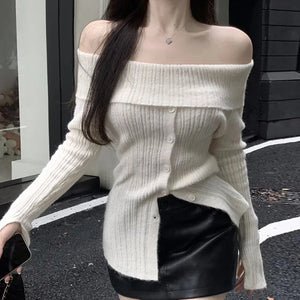 Button Up Off Shoulder Knitted Top – MAUVSTUDIO®