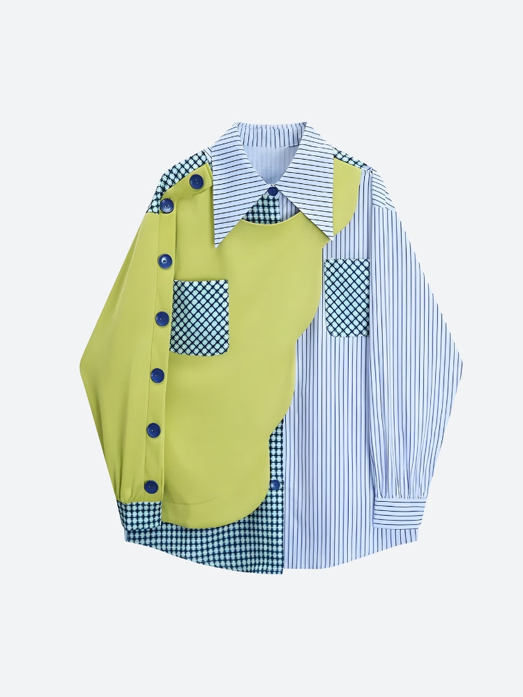 Buttoned Sleeved Patchwork Shirt-MAUV STUDIO