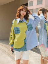 Buttoned Sleeved Patchwork Shirt-MAUV STUDIO