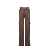 C12 Wide Leg Pockets Cargo Denim-Brown-S-MAUV STUDIO