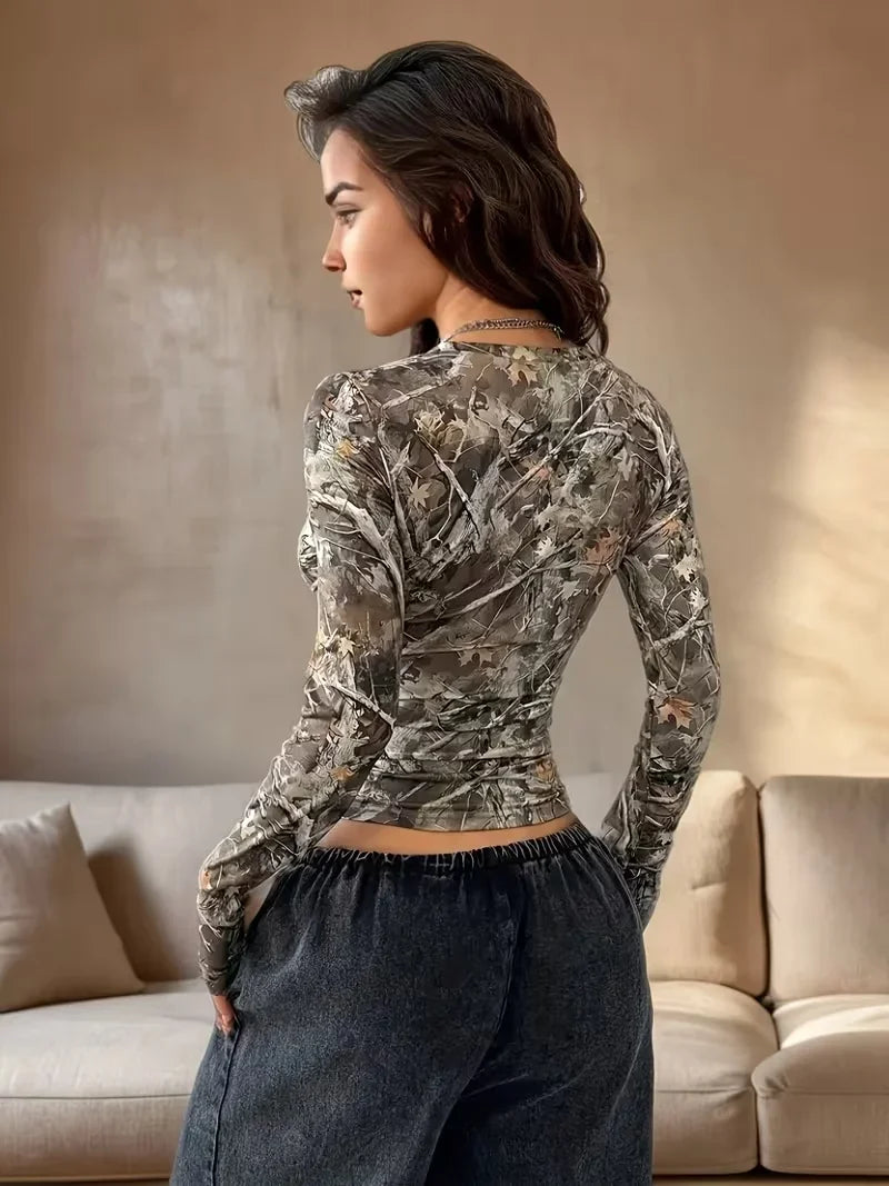 Camo Top with printed graphic, Y2K long sleeve top styled with low rise bottoms